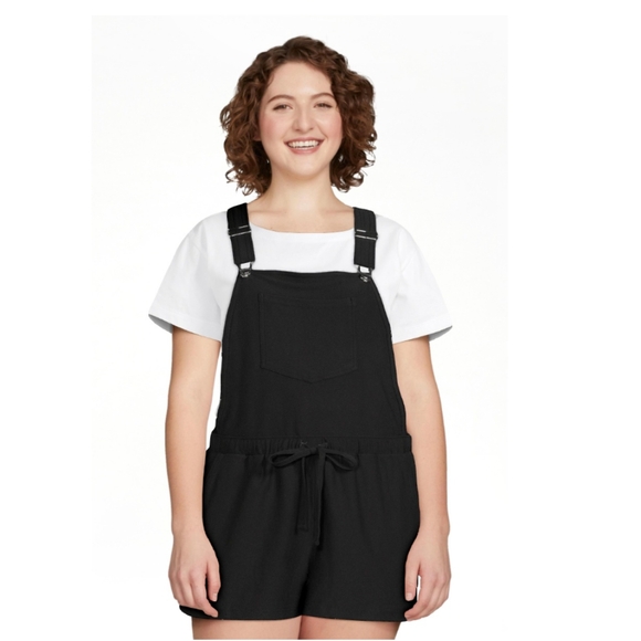 No Boundaries Shortalls In Black Soot Faux Buttons Drawstring Waist - Picture 2 of 11